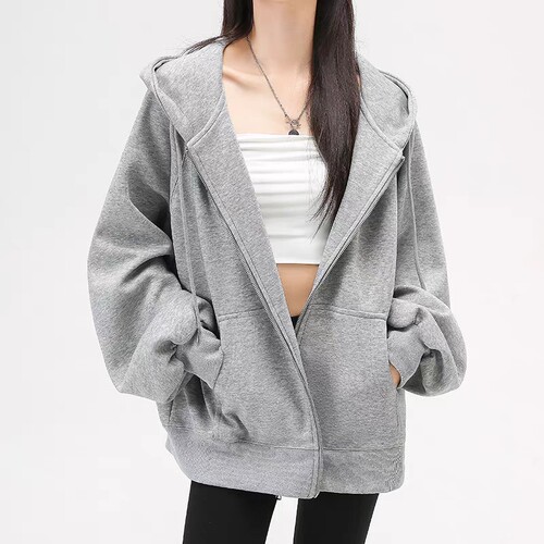 Women's Hooded Sweatshirt, Spring and Autumn Season Versatile Light Gray Elegant Outerwear, Women's Sporty Winter and Autumn Top