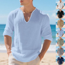 跨境亚马逊秋季新品美式宽松纯色亚麻休闲男士V领设计大码长袖T恤