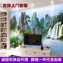 3D简约现代瀑布山水画电视背景墙壁纸中式墙布客厅流水生财山水画