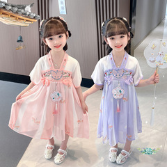 女童漢服連衣裙夏2024新款兒童唐裝超仙中國風公主裙夏款古風裙子