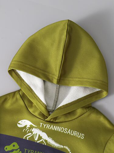 INS Baby Toddler Boys Spring and Autumn Fleece Hooded Dinosaur Alphabet Print Long Sleeve Top and Pants