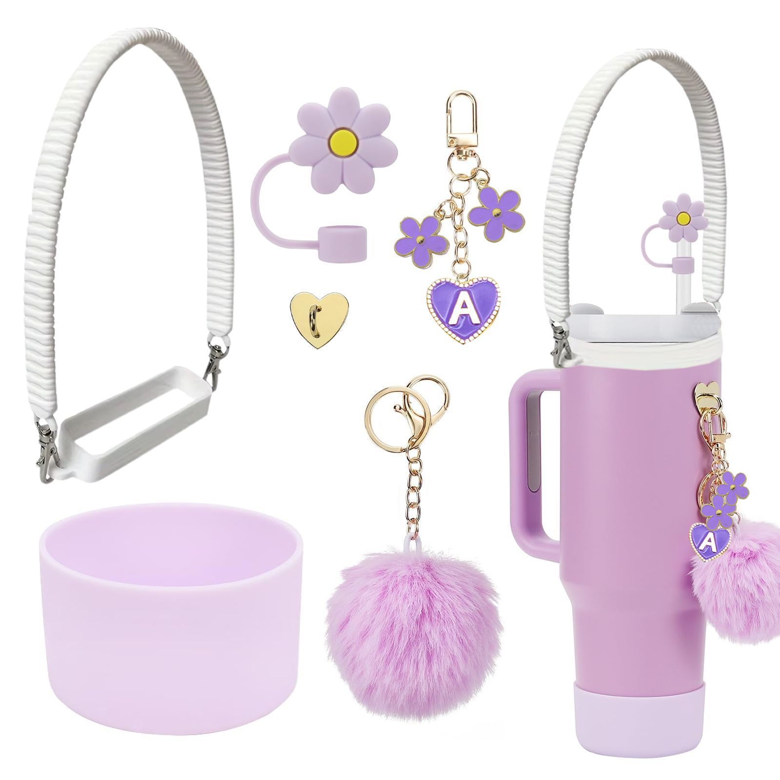 Accesorios de taza Stanley colgante de cuerda de mano flor de silicona gorra de paja de peluche colgante de taza cadena de taza de color cubierta de taza