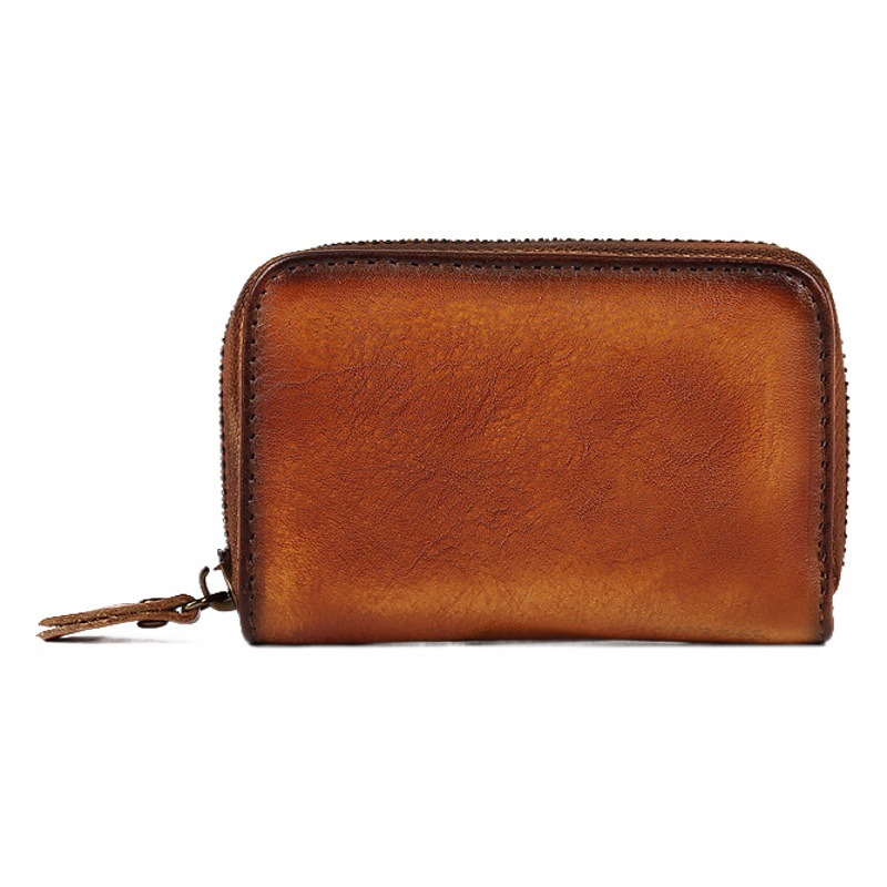 Genuine Leather Zipper Small Card Holder, First Layer Cowhide Mini Card Wallet with Multiple Card Slots, Solid Color Vintage Soft Wallet Wholesale Card Holder