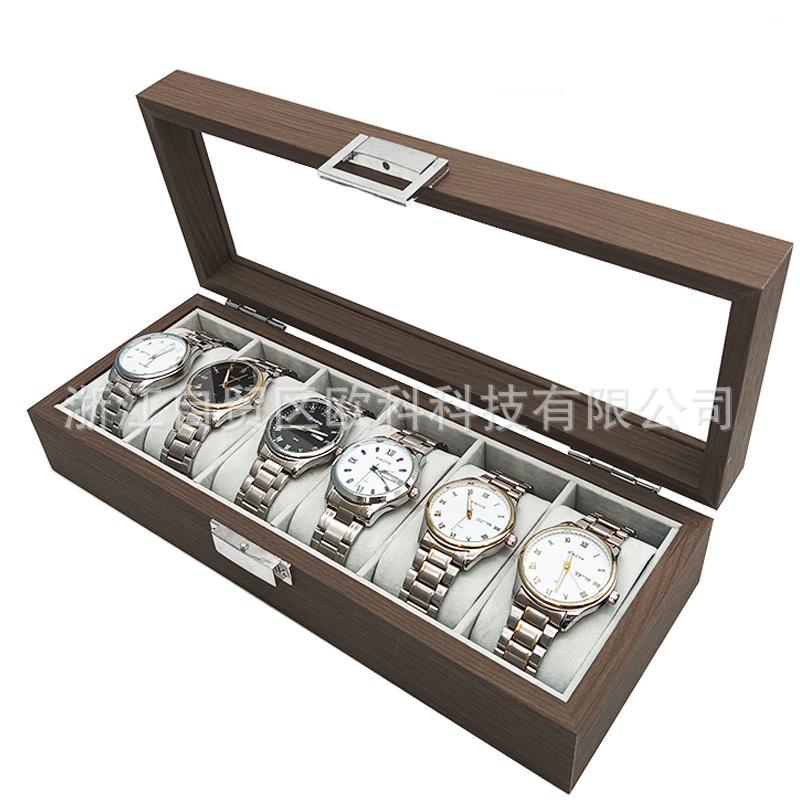 In-Stock Black Walnut Grain Wooden 6-Slot Watch Storage and Display Box, 6-Piece Wooden Watch Packaging Box