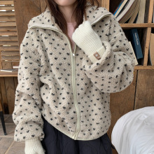 实拍 冬日暖阳立领拉链短款棉服撞色爱心提花毛绒外套开衫  3色