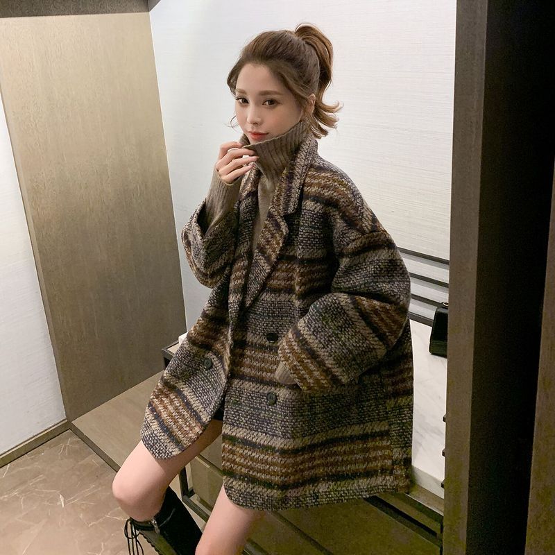 流行新款西装外套女秋季2025宽松小个子格子粗花呢中长款加厚毛呢|undefined