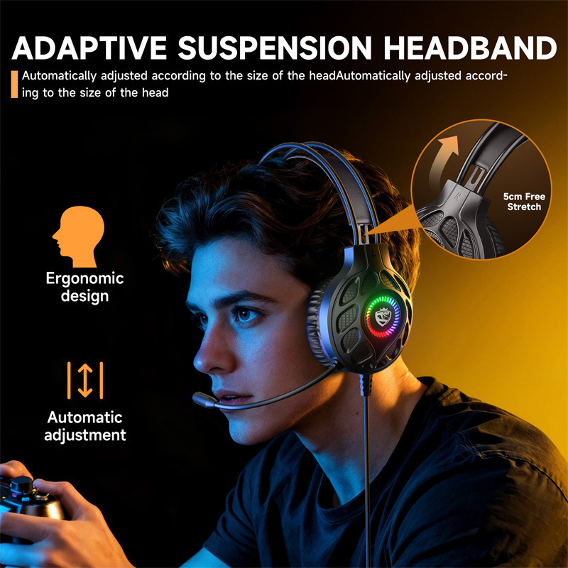 Head-Mounted Gaming Headset with Wired Rgb Lighting, Ps4/Ps5 Computer Headset, 7.1 Surround Sound, Noise-Cancelling Microphone