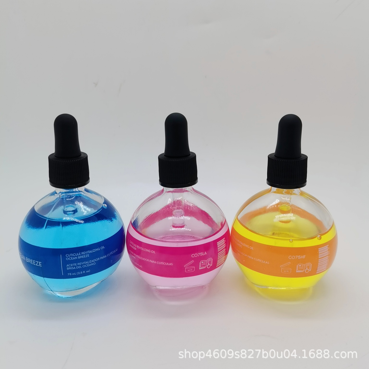 En stock 75ml botella de vidrio esencia bombilla botella bola Linda botella cuentagotas material de embalaje cosmético sub-botella