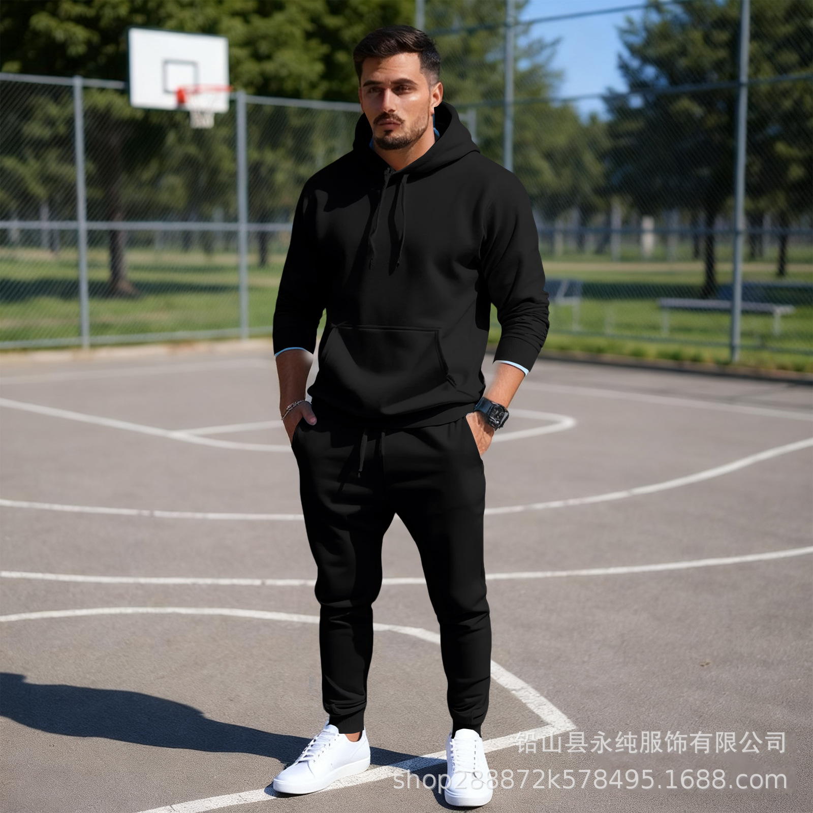 European and American Cross-Border Hot-Selling Men's Spring and Autumn Solid Color Hooded Sweatshirt Suit Trendy Casual Sports Two-Piece Suit