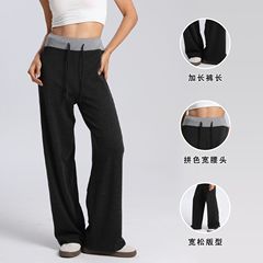 ヨーロッパとアメリカのクロスボーダーレイジーでリラックスしたハイウエストカラーブロックカジュアルパンツ、女性用ソフトワックスニットパンツ、ゆったりとしたドレープのフロアレングスパンツ