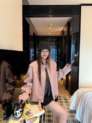 粉色肌理感pu皮衣外套女秋季chic高级感帅气休闲宽松拉链机车夹克