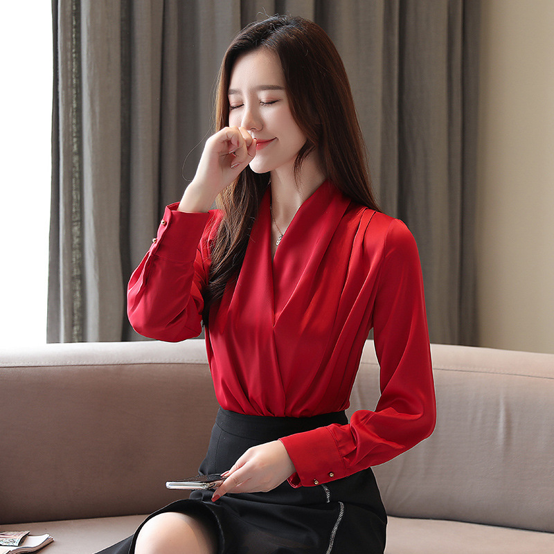 Acetate Satin V Neck Slim Shirt Spring Women's 2025 New Korean Style Long-Sleeved Shirt Elegant Slim Chiffon Shirt Acetate Satin V Neck Slim Shirt Spring Women's 2025 New Korean Style Long-Sleeved Shirt Elegant Slim Chiffon Shirt