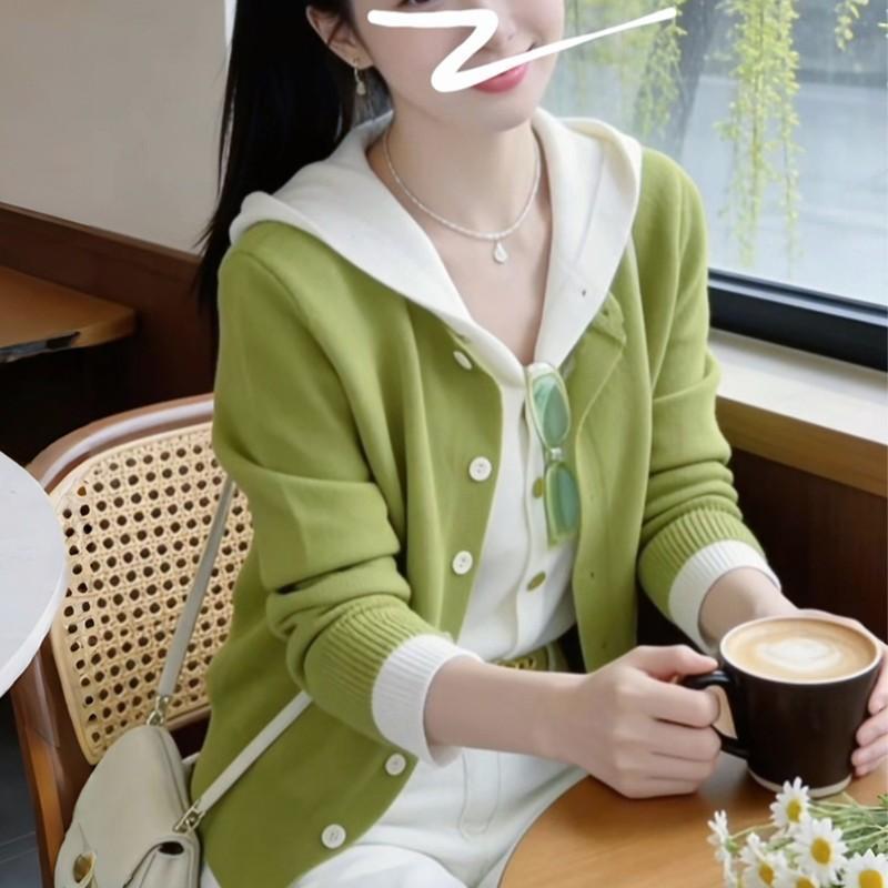 Large Size Fake Two-Piece New Style Patchwork Long-Sleeve Stylish Casual Top for Women, Spring and Autumn Hooded Sweater, Knitted Cardigan, Loose Fit