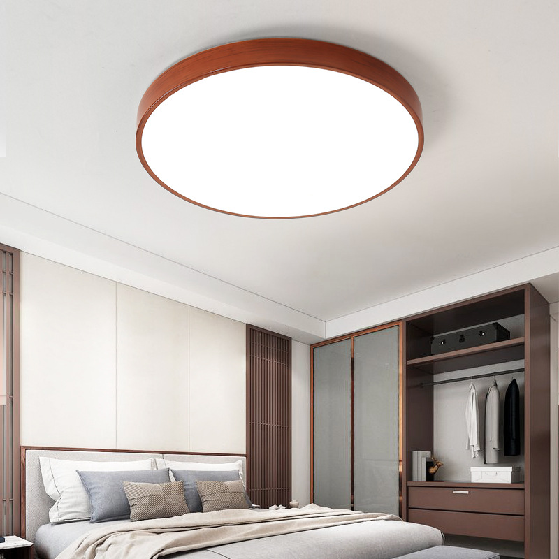 超博led吸頂燈圓形北歐仿胡桃木紋臥室燈簡約鐵藝走廊過道客廳燈