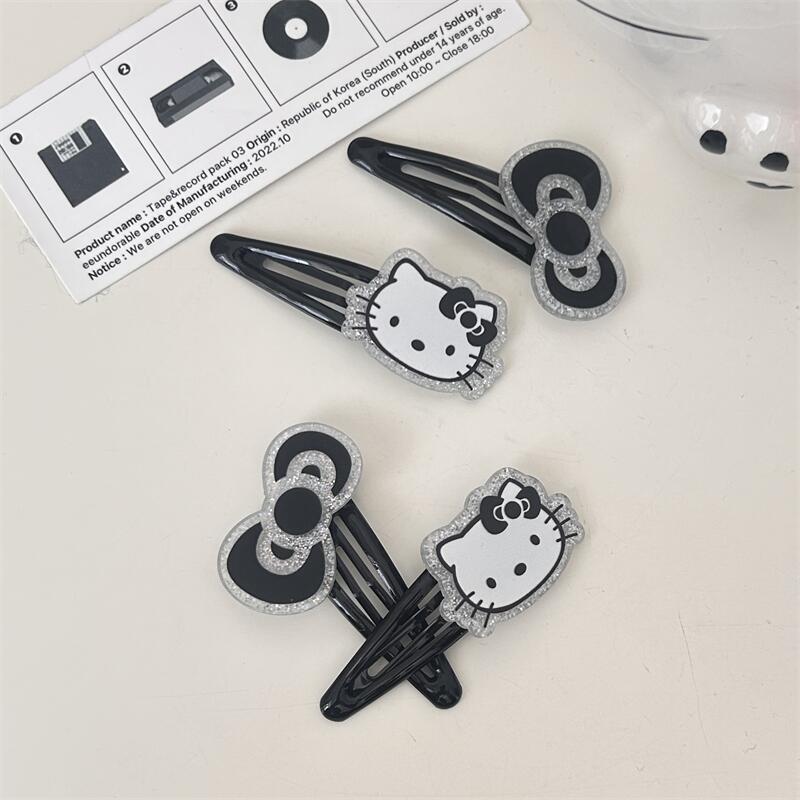 黒の細かいキラキラ猫リボンロングヘアピン甘くてクールなガーリーハートカモノハシクリップガールサイド前髪クリップヘアアクセサリー|undefined