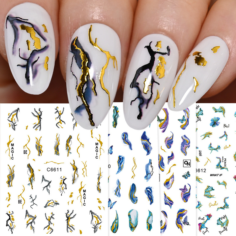 12 Types of Gold-Stamped Marble-Patterned Nail Stickers with 3D Adhesive Backing, Self-Adhesive, Sweet and Cool Lines, Abstract Nail Decoration Stickers for Women