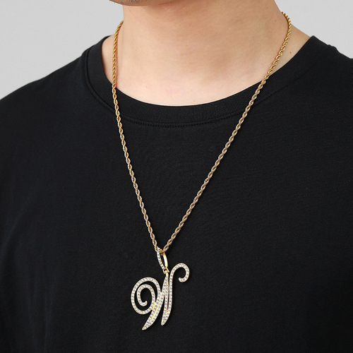 New Style European and American Hip-Hop Script Cursive Letter Pendant Gourd Buckle Cuban Chain Necklace Jewelry Letter Pendant Wholesale