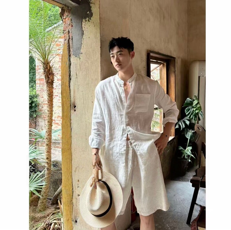 Tencel Linen Old Money Style Stand Collar Quick-Dry Lightweight Breathable Cool Sun-Protective Long-Sleeve Shirt, Relaxed Fit, Minimalist New Luxury