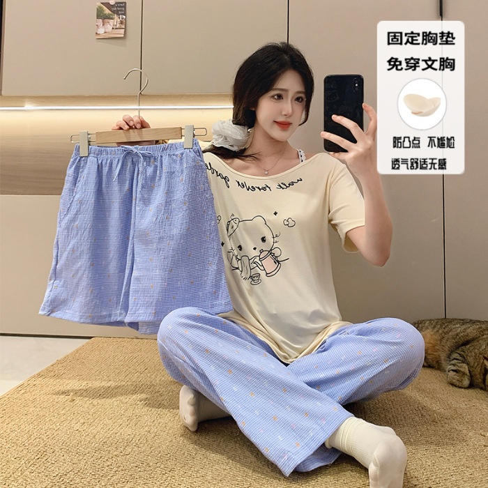 Pijamas de algodón modal para niñas dopamina, pantalones de manga corta de verano para mujer, lindo traje de tres piezas con almohadilla para el pecho, servicio a domicilio