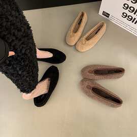 韩版浅口保暖加绒单鞋女秋冬毛毛鞋法式平底软底女鞋奶奶鞋豆豆鞋