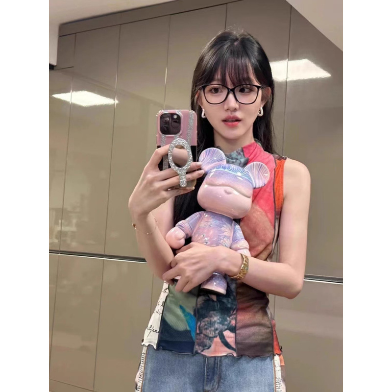 撞色网纱拼接背心T恤女夏季设计感辣妹修身显瘦无袖上衣|undefined