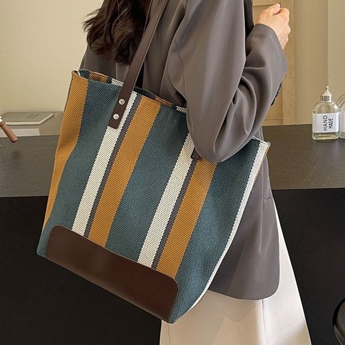 Women's Large Backpack 2024 New Fashion Color-blocked Striped Canvas Commuter Handbag Tote Bag Trendy Shoulder Bag