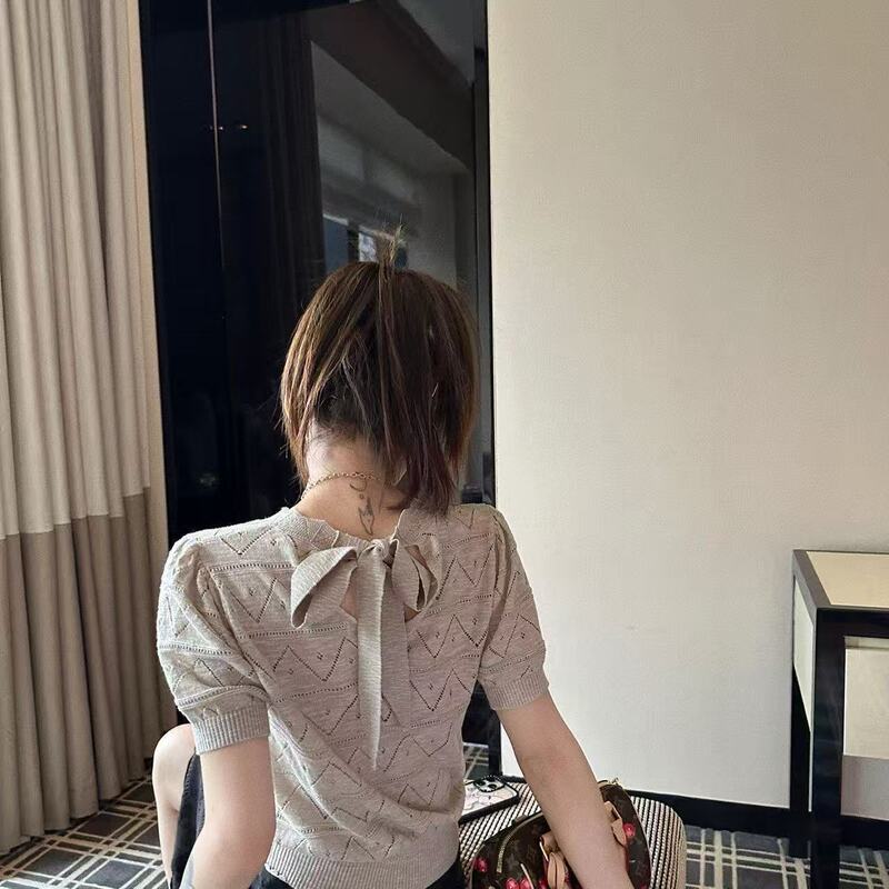 French-Style High-End Chic Solid Color Hollow-Out Ice Silk Knit Short-Sleeve T-Shirt for Women, Summer Premium Feel, Regular Shoulder Short Top