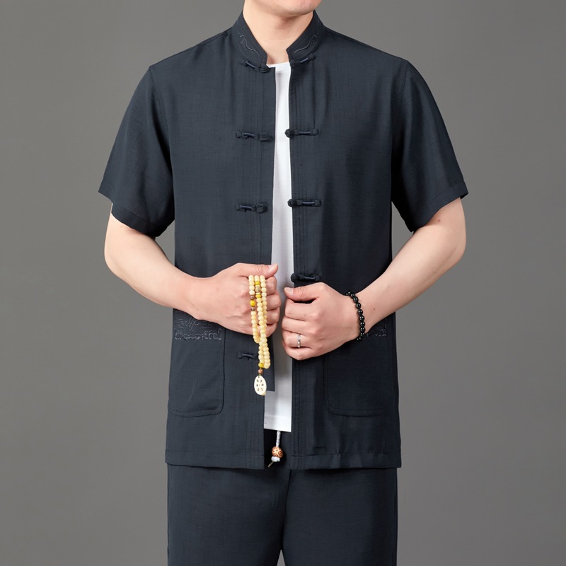 summer new pattern man Short sleeved Tang costume suit Easy leisure time Thin section Solid Chinese style dad One piece On behalf of