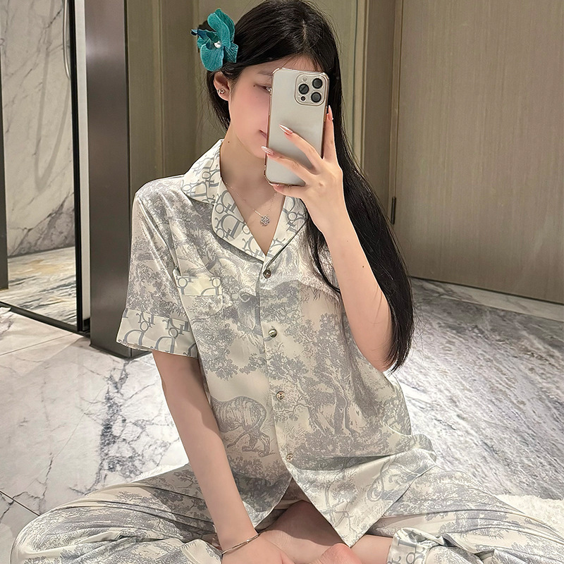 [D Family Full-Print Three-Piece Set] New Printed Ice Silk Pajamas Women's Suit Loose, Thin and High-End