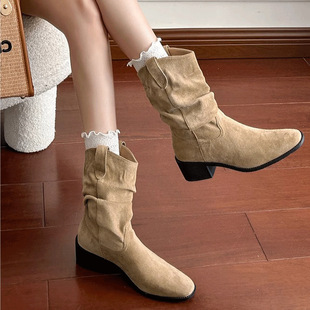 Cowhide Version ~ Frosted Suede V-Mouth Western Cowboy Boots for Women, Retro Style Mid-Calf Boots, High-Heeled Sleeves, Slimming Look Pile Boots