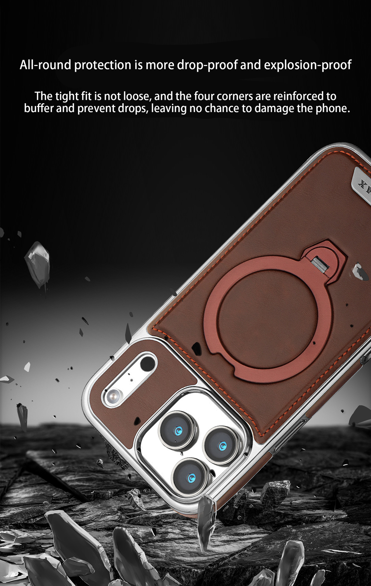 Ốp lưng iPhone 17 Pro Max da vân cao cấp xoay nam châm chống sốc — màu đen, màu nâu thanh lịch, màu nâu mocha, xám chi tiết 2