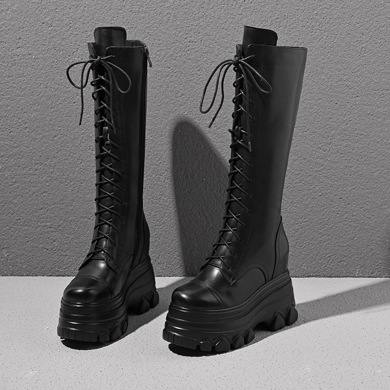 Boot nữ cổ cao ôm bắp chân dây buộc gót 12 cm phong cách retro Anh — Đen nhung chi tiết 10