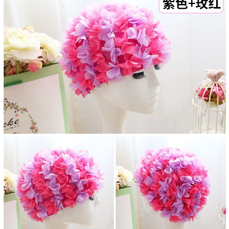 Flor gorro de natación gorro tridimensional pétalo elástico forrado cómodo transpirable de las mujeres de pelo largo gorro de natación