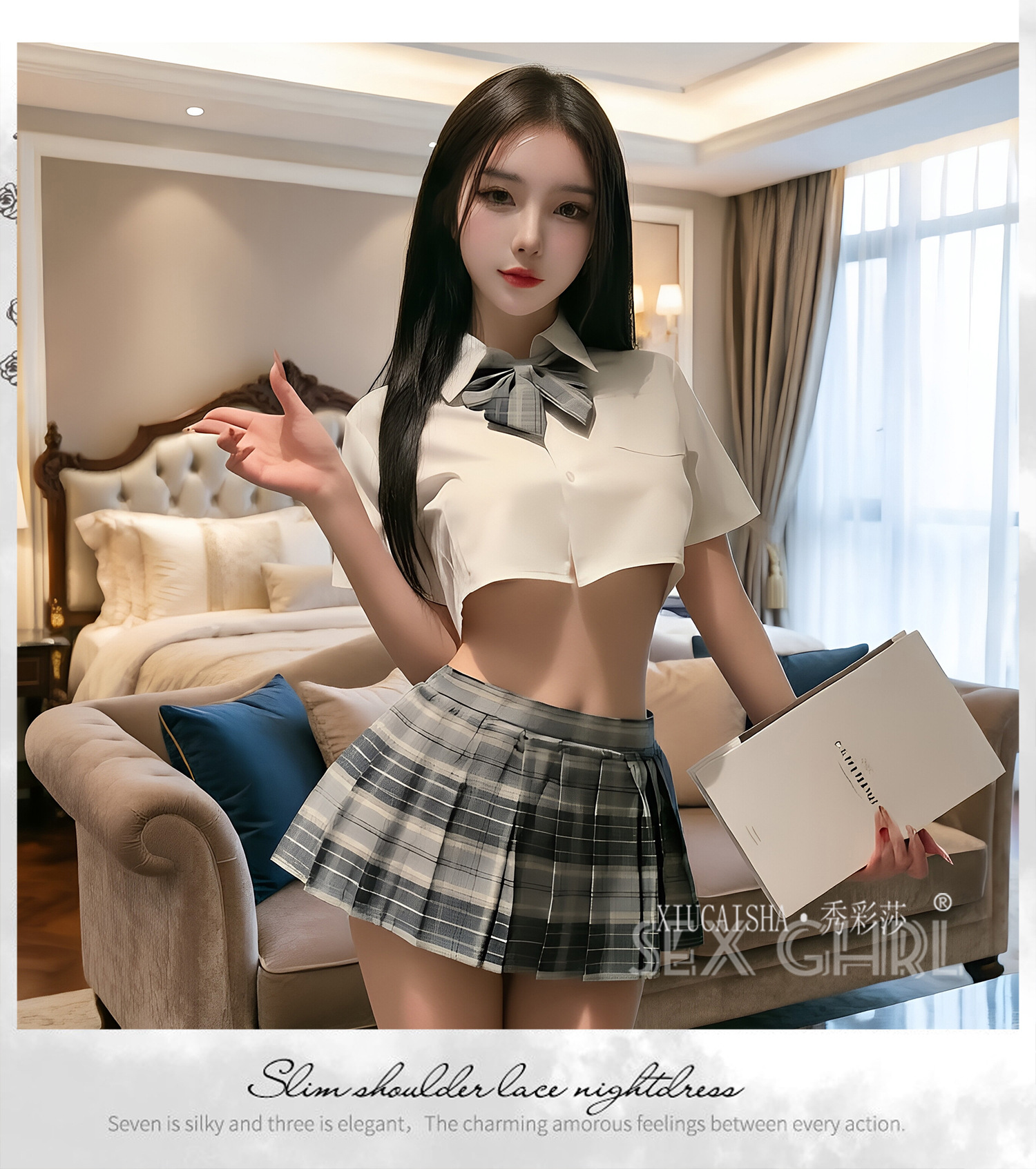 Student-Style Roleplay Lingerie Set with Plaid Skirt, Top, Bow Tie, Thong and Stockings — detail image 9