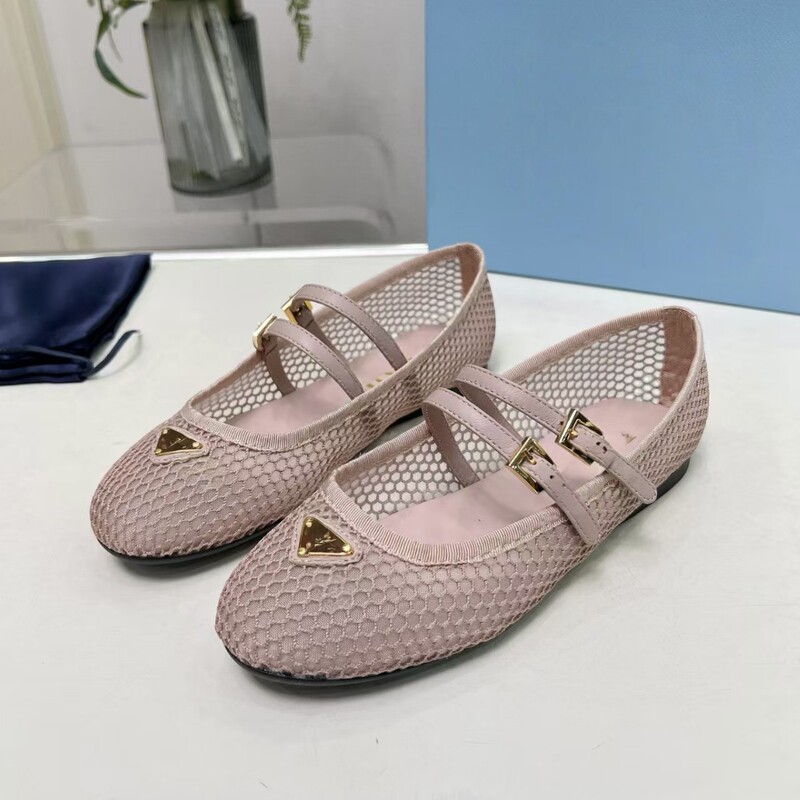 2025 Spring and Summer New Style Triangular Logo Mesh Double Strap Round Toe Flat Shoes, Lightweight and Comfortable Ballet Shoes for Women 2025 Spring and Summer New Style Triangular Logo Mesh Double Strap Round Toe Flat Shoes, Lightweight and Comfortable Ballet Shoes for Women
