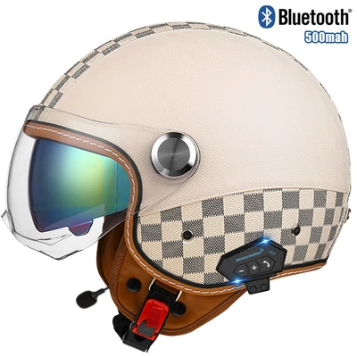 Motosiklet kaskı (dəbilqə) – electric car half helmet double - checkerboard-off-white-short-outer-and-inner-color-bluetooth-m