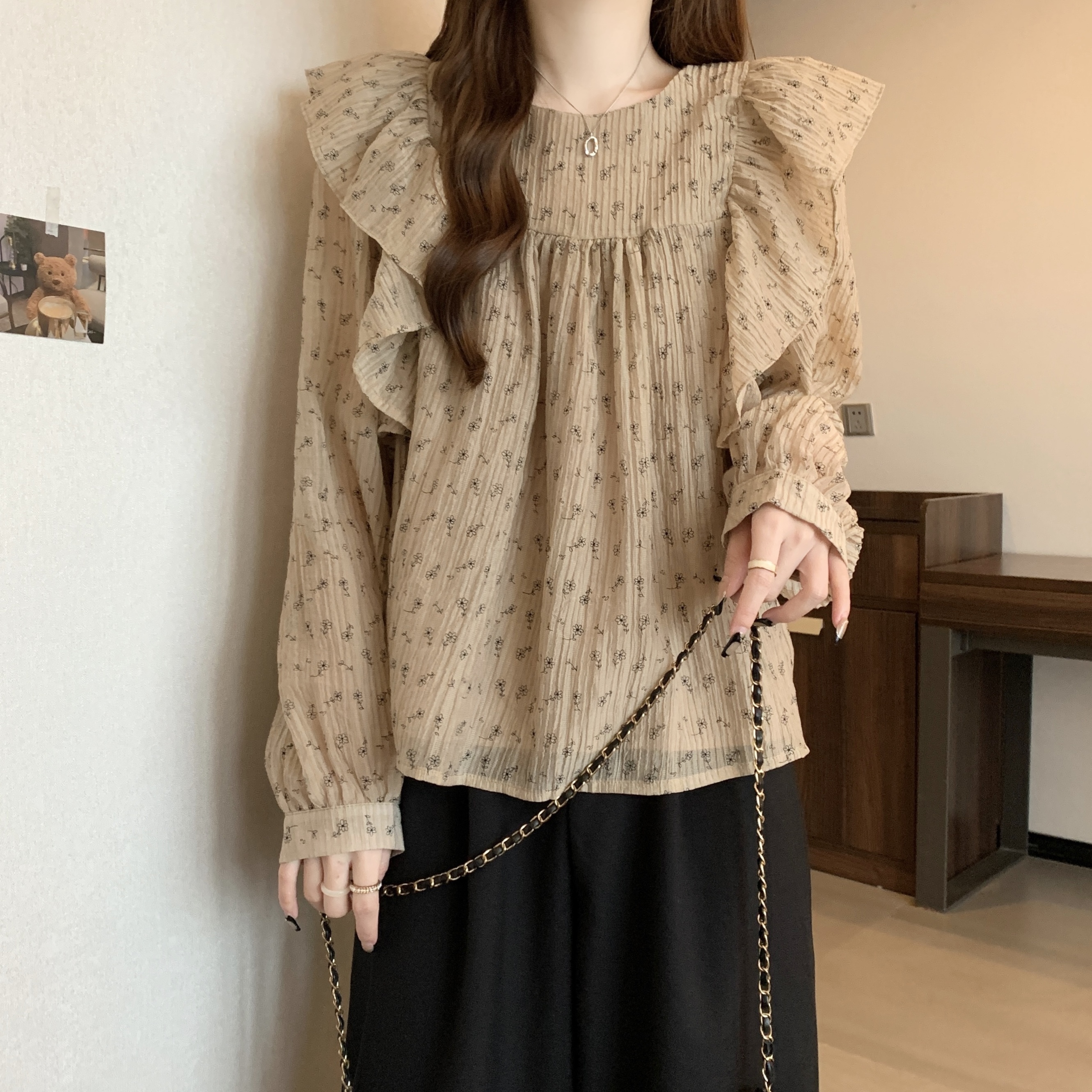 MAILLARD RUFFLED FLORAL CHIFFON 셔츠 여성용 가을 플러스 사이즈 통통녀 슬림 배꼽 덮음 인형 셔츠 연령 감소 탑