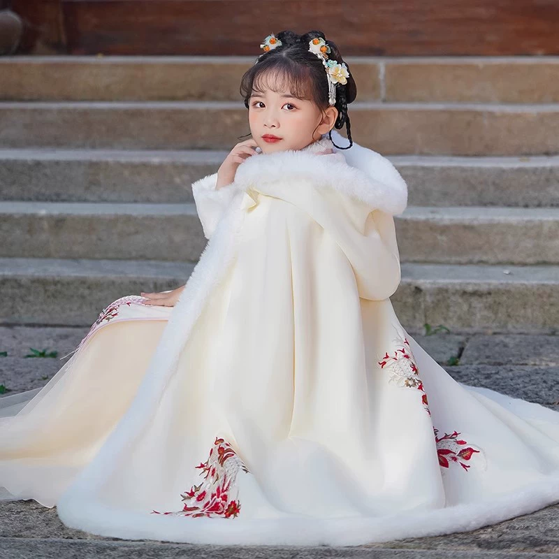 Hanfu Girl зимний праздничный бархатный утолщение плащ длинный китайский стиль маленькая девочка в костюме детский плащ