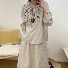 娜美服饰2025秋日新款复古风刺绣亚麻衬衫气质文艺显年轻上衣女