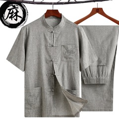 中国風リネン唐スーツ男性中高年夏半袖シャツスーツ綿とリネンおじいちゃんお父さん夏服漢服