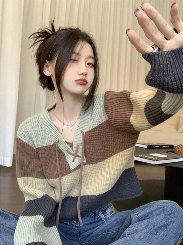 条纹撞色系带针织毛衣女秋冬2025新款设计感V领短款长袖上衣|undefined