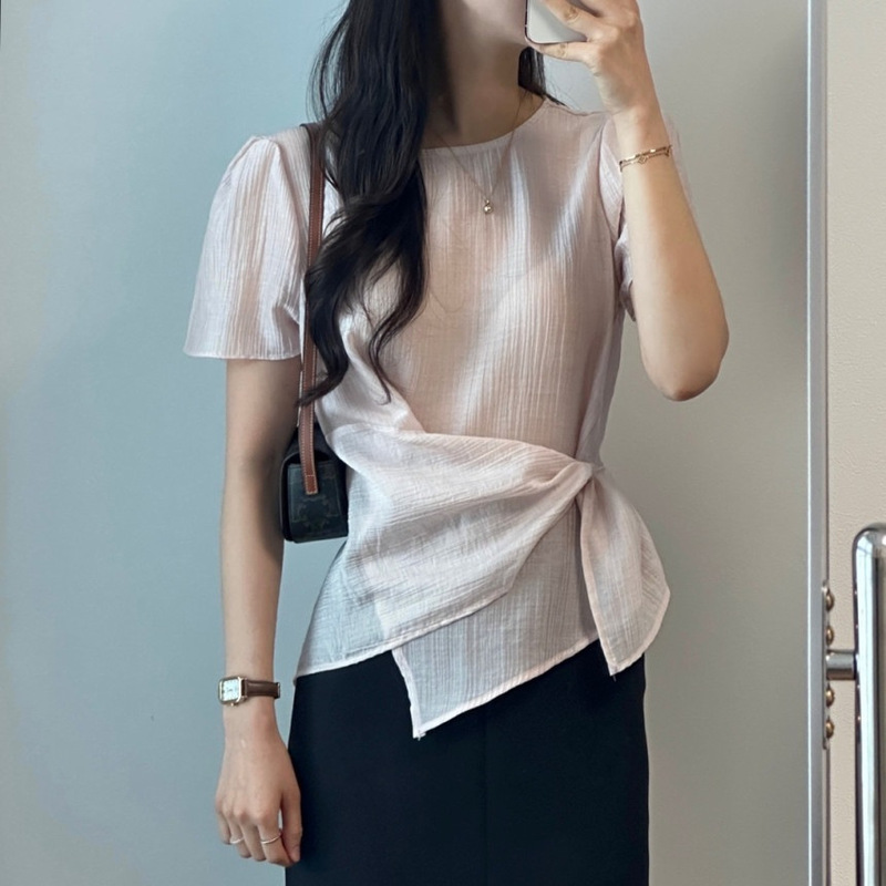 Korean Style Lace-Up Irregular Pullover Shirt 2026 Summer New Shirt French Gentle Style Elegant Women's Top