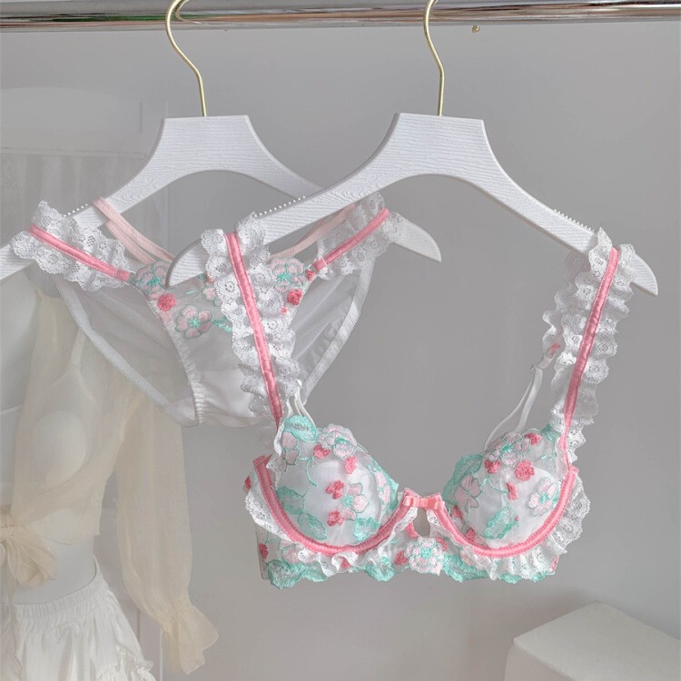 [French Cup] verano delgado bordado de encaje anti-caída ropa interior damas set dulce puro deseo sujetador