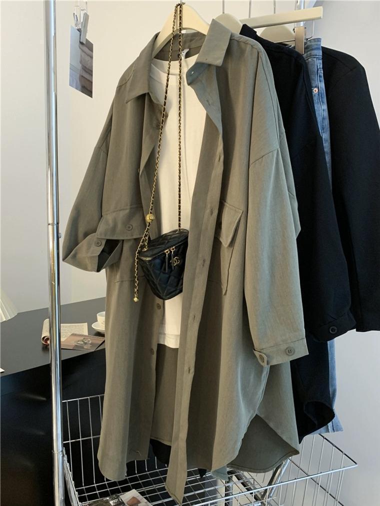 Plus Size Mid-Length Trench Coat for Women, New Korean Style with Large Pockets, Lightweight Workwear Jacket for Spring and Autumn