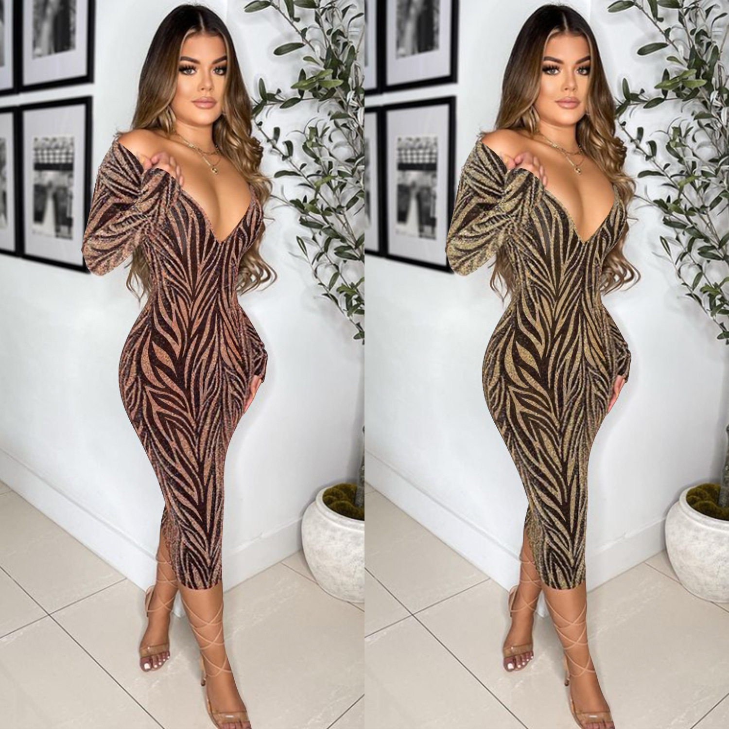 Deep V Long Sleeve Medium Long  Dress - Dresses - Uniqistic.com