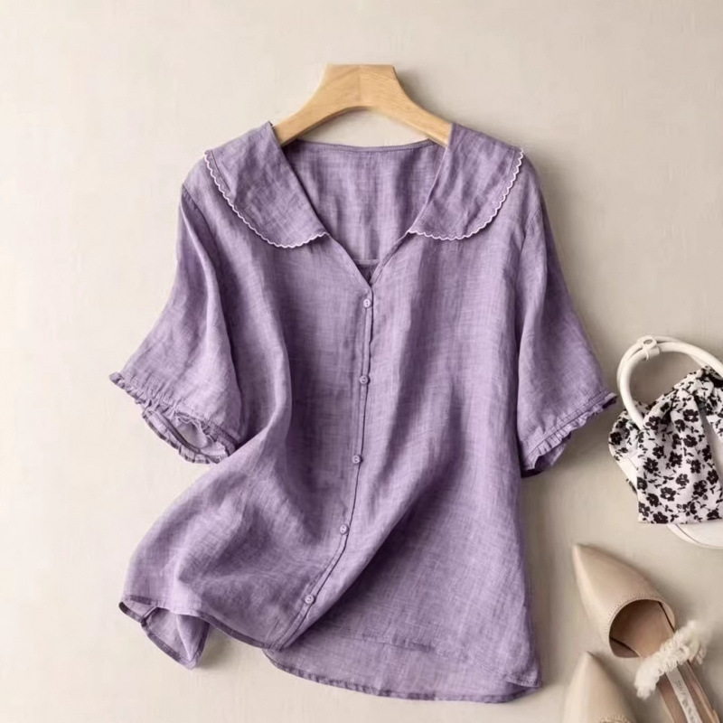 Short-Sleeved Navy Collar Ramie Top, Artistic Retro Cotton-Linen Blouse, Doll Collar, Loose Fit, Slimming, Thin Style, Summer 2026 Short-Sleeved Navy Collar Ramie Top, Artistic Retro Cotton-Linen Blouse, Doll Collar, Loose Fit, Slimming, Thin Style, Summer 2026
