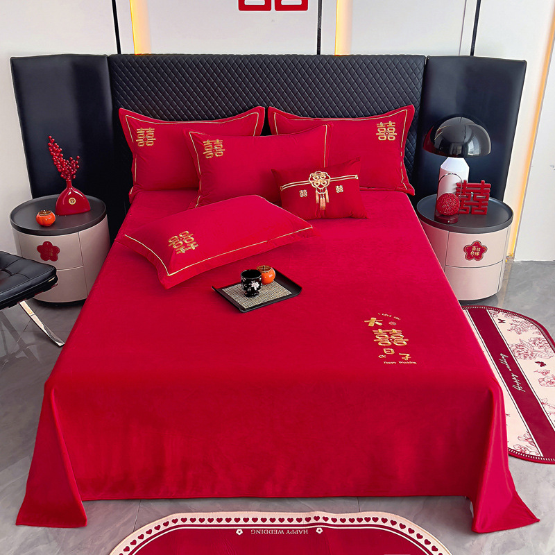 冬天加绒红色床单单件女方接亲牛奶绒加厚保暖被单三件套新婚陪嫁