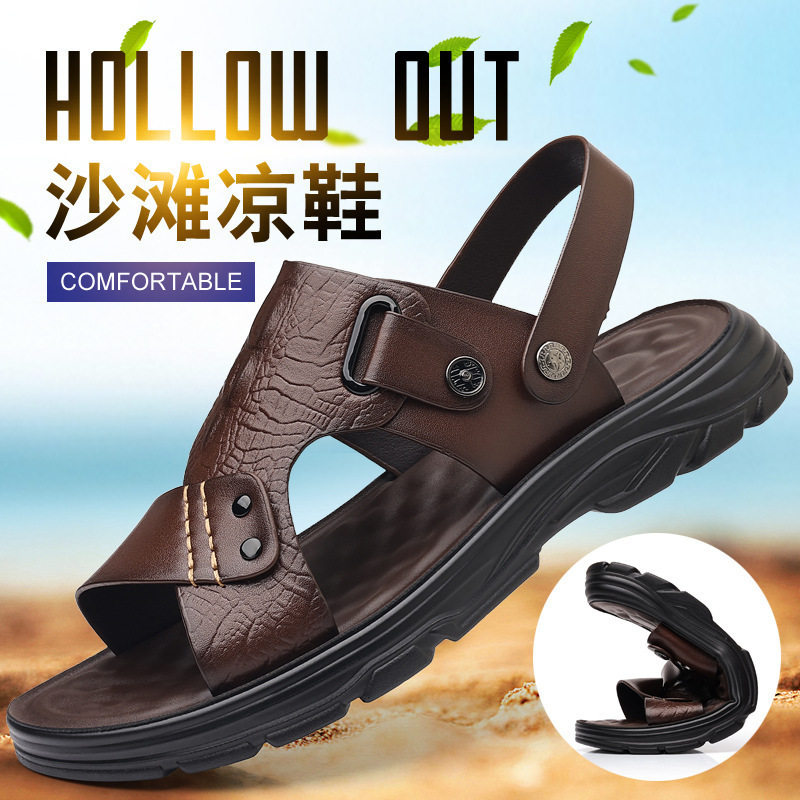 Dép sandal nam quai ngang mũi tròn, đế bằng mềm chống trượt, kiểu hở ngón đi biển và đi ngoài trời — Màu nâu, màu đen