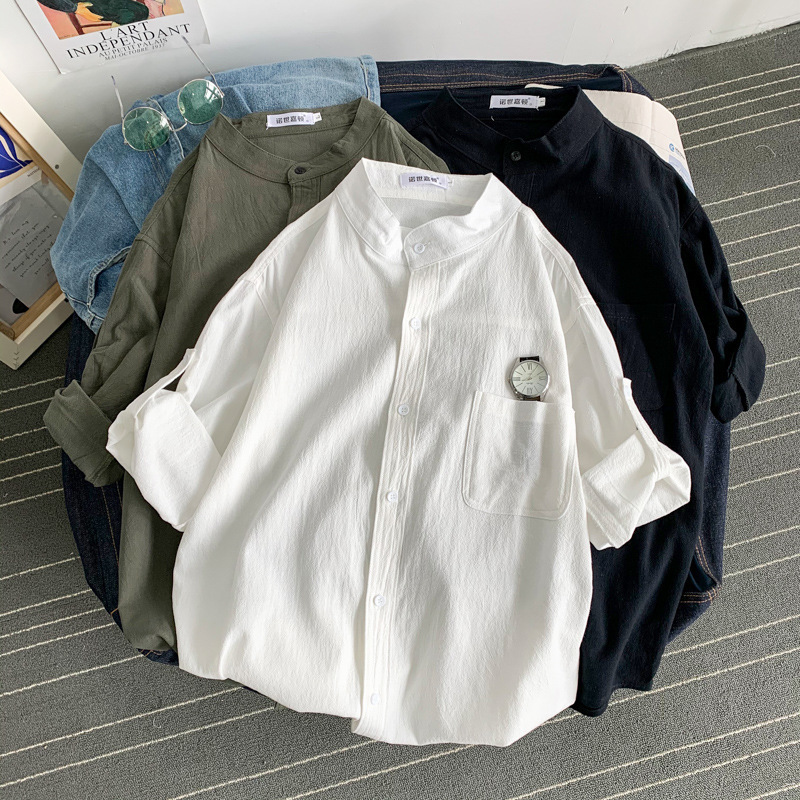 Summer Lapel Striped Linen Seven-point Sleeve Shirt Men's Loose Seven-point Sleeve Thin Casual Cotton Linen Shirt Trendy