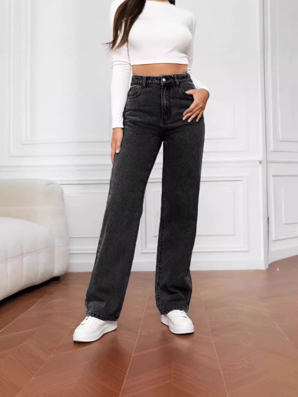 カジュアルトレンドファッションストレッチウォッシュデニムファッションストレートパンツジーンズ女性のパンツルーズストレートパンツ|undefined